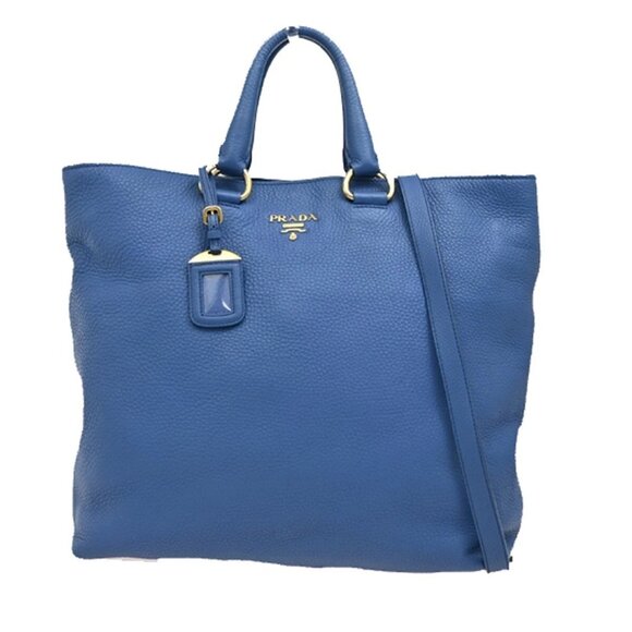 PRADA Logo 2Way Shoulder Hand Bag Leather Blue GHW 96EF114 - Picture 1 of 16